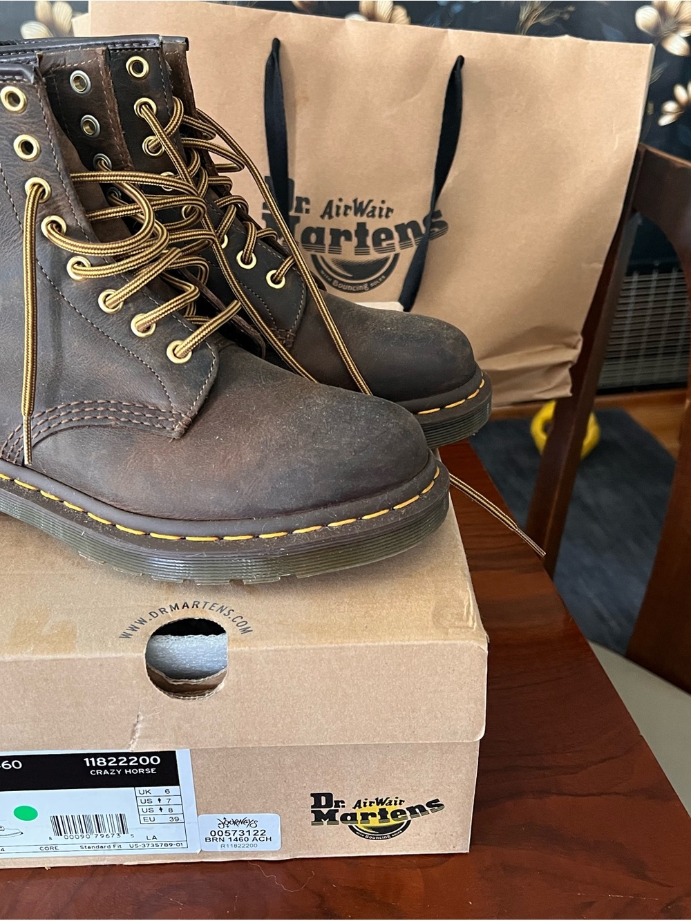 Worn twice! Dr. Martens Brown Crazy Horse Combat Boots with Yellow Stitching